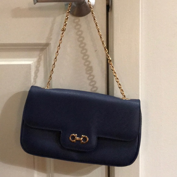 Salvatore Ferragamo Handbags - Navy blue feragamo shoulder bag with gold accents